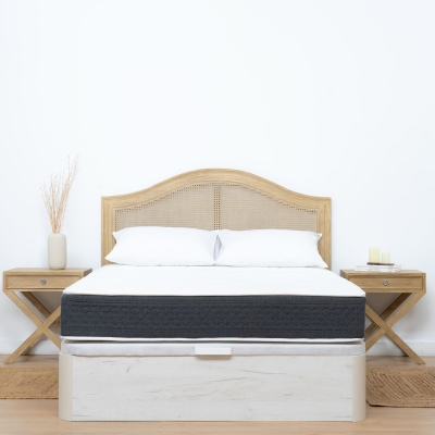 PACK RATTAN HEADBOARD + STORAGE BED + MATTRESS + 2 BEDSIDE TABLES