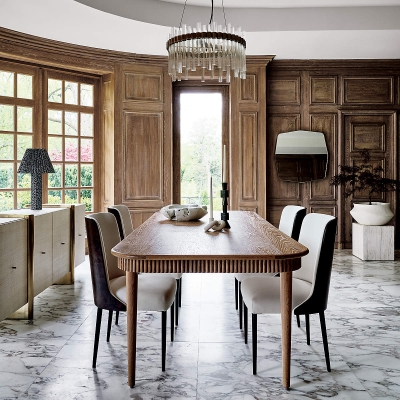 Rectangular Oak Wood Dining Table with Fluted Apron Details