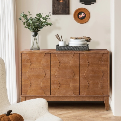 Side Cabinet with Textured Lines And 3 Push-to-Open Doors