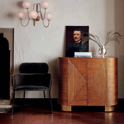 Wood Grain Bar Cabinet with Criss Crossing Weaving Style