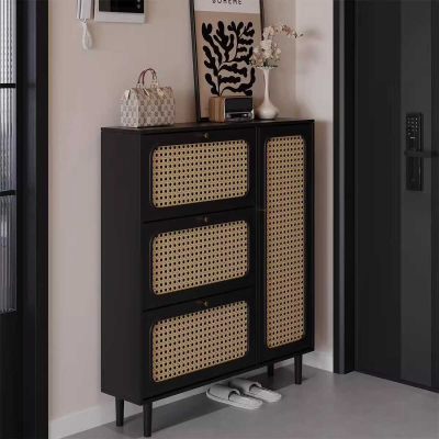 Modern Black Shoe Cabinet with Flip-Down Rattan Doors