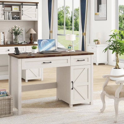 Farmhouse Computer Desk with Drawers and Storage Cabinet