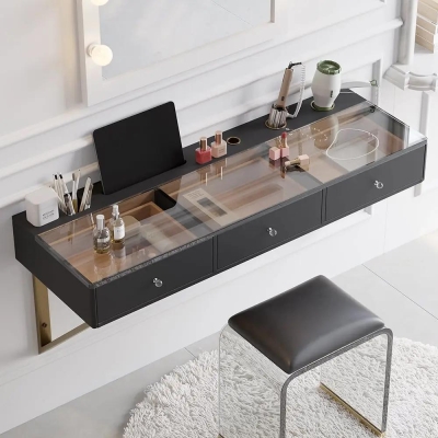 Modern Floating Tempered Glass Top Makeup Vanity Wall Mounted Dresser
