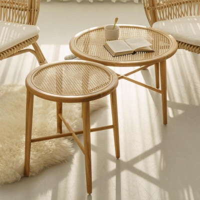 Alaginiyan Wooden Rattan Round Coffee Table