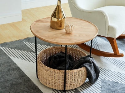Aksel Scandinavian Wooden Rattan Round Coffee Table