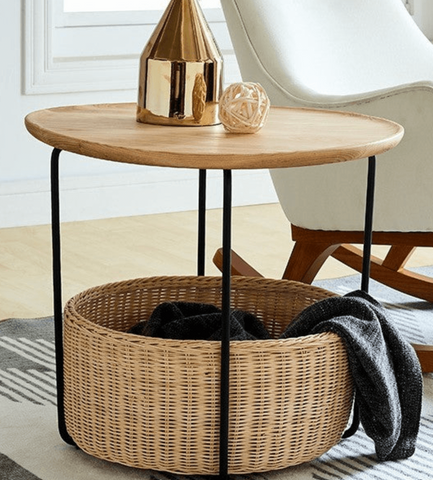 Scandinavian Rattan Wooden Round Coffee Table