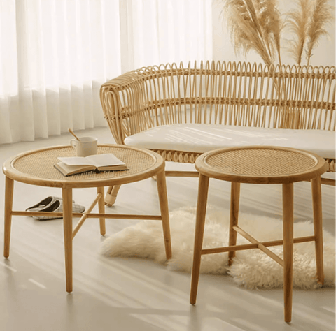 Wooden Rattan Round Coffee Table